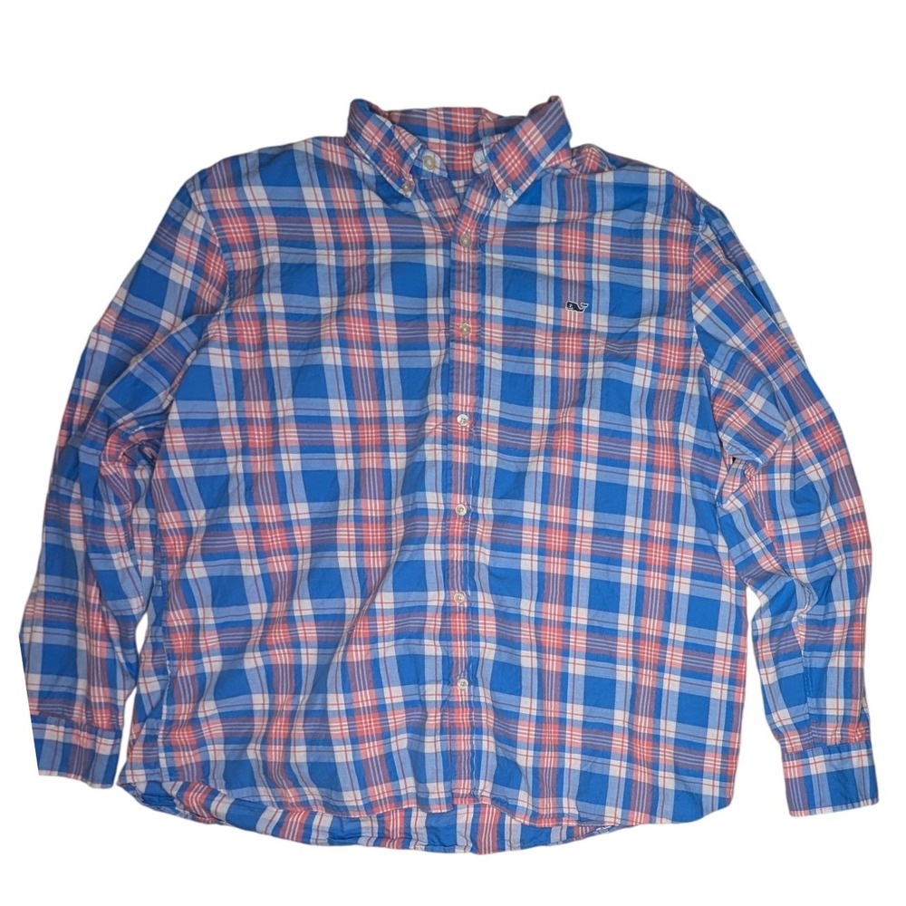 Vineyard Vines Button Up Mens XXL Blue Pink Whale Shirt Plaid 1W011375 Cotton